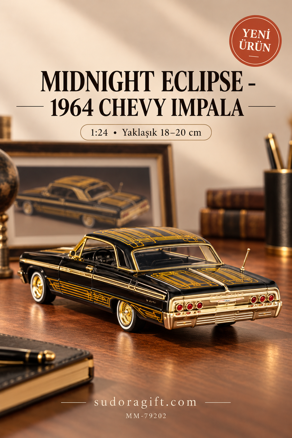 Motormax Midnight Eclipse 1964 Chevrolet Impala 1:24 Metal Model Araba – MM-79202 – Arka görünüm