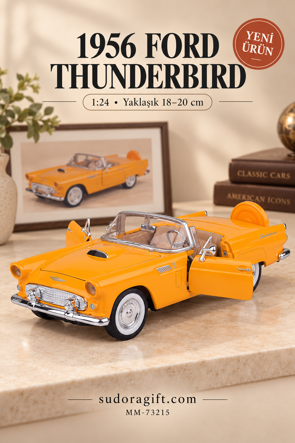 Motormax 1956 Ford Thunderbird Cabrio 1:24 Metal Model Araba – MM-73215 – Kapıları açık