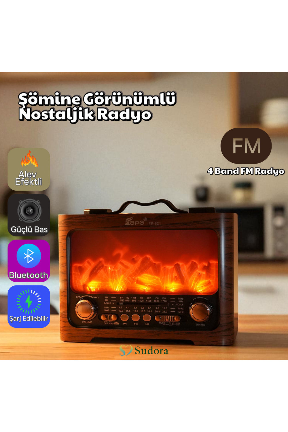 FP-821 Şömine Görünümlü FM Radyo & Bluetooth Hoparlör