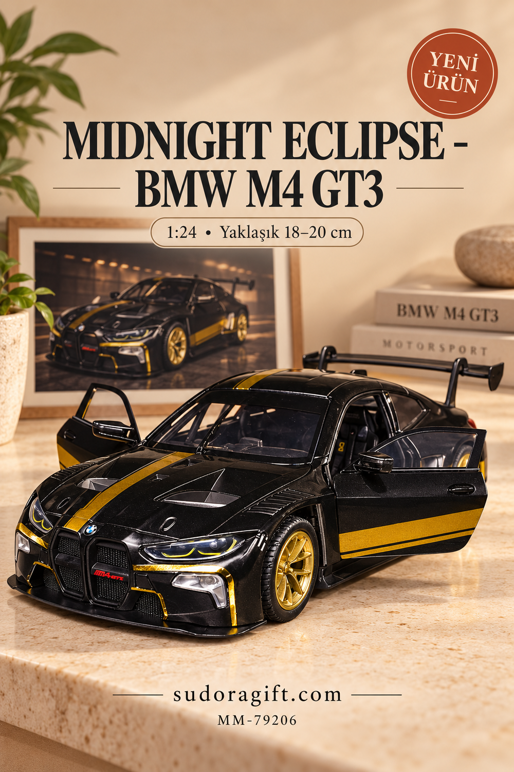 Motormax Midnight Eclipse BMW M4 GT3 1:24 Metal Model Araba – MM-79206 – Kapıları açık