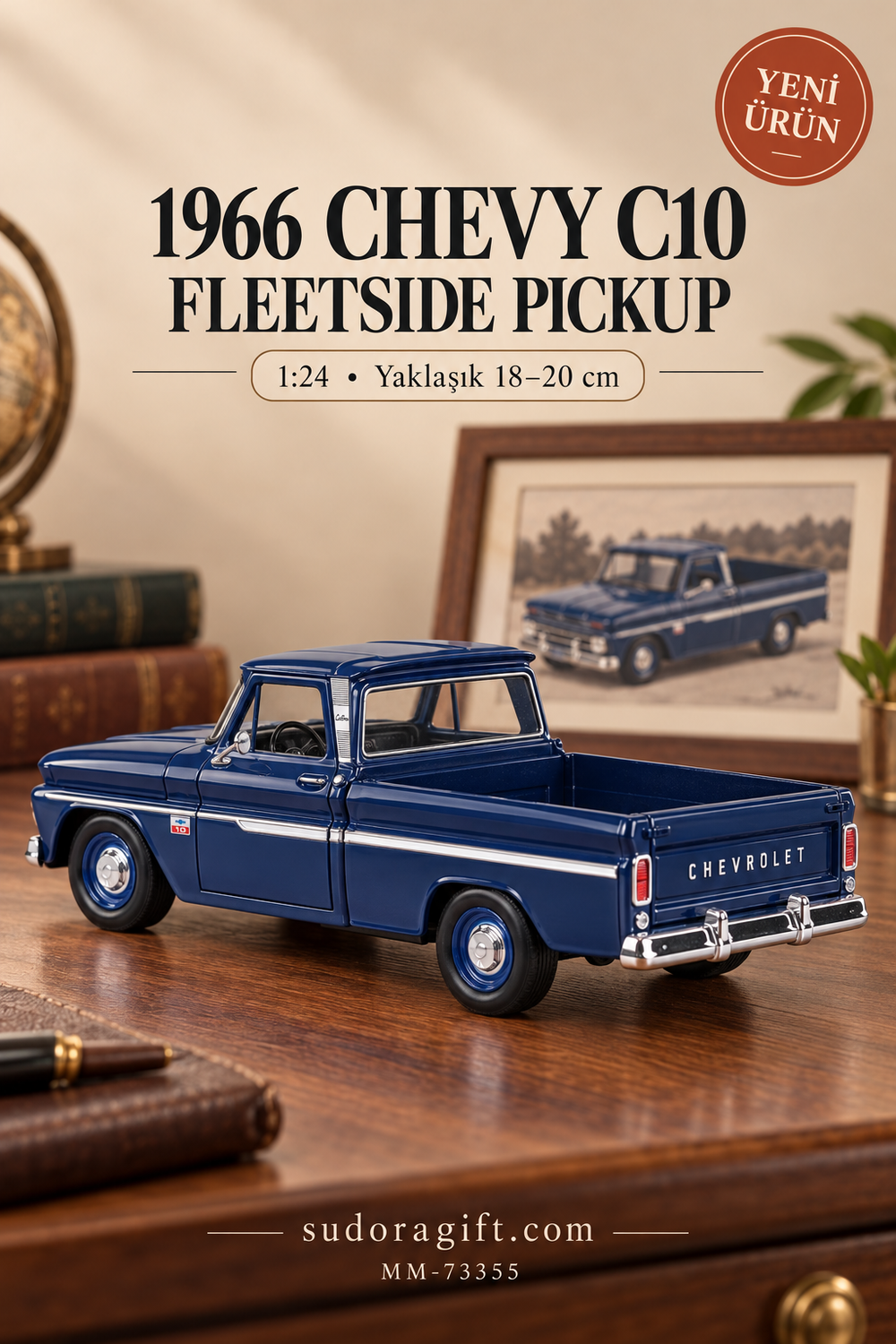 Motormax 1966 Chevrolet C10 Fleetside Pickup 1:24 Metal Model Araba – MM-73355 – Arka görünüm