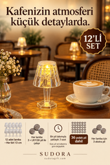 Sudora 12’li Mini LED Masa Lambası Seti 13 cm Pilli Kafe Restoran Dekoru + Yedek Pilli