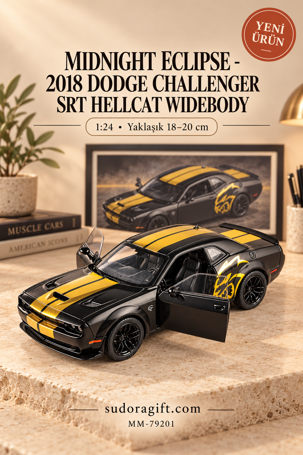 Motormax Midnight Eclipse 2018 Dodge Challenger SRT Hellcat Widebody 1:24 Metal Model Araba – MM-79201 – Kapıları açık