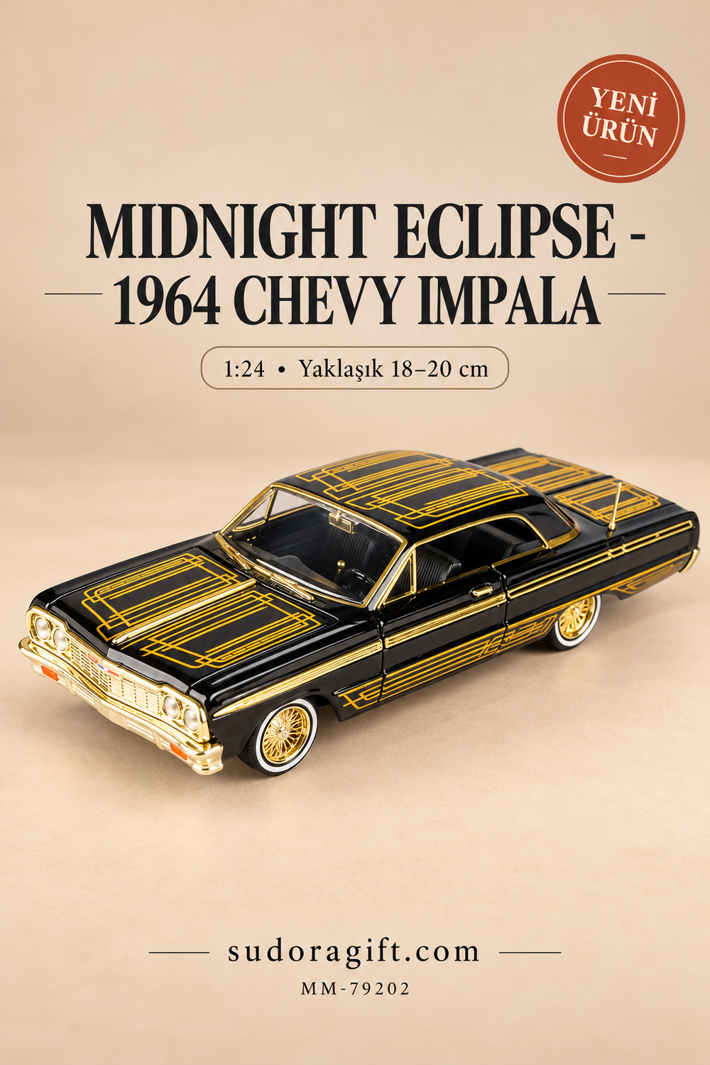 Motormax Midnight Eclipse 1964 Chevrolet Impala 1:24 Metal Model Araba – MM-79202 – Ana görsel