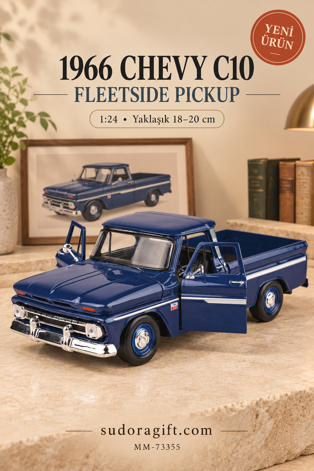 Motormax 1966 Chevrolet C10 Fleetside Pickup 1:24 Metal Model Araba – MM-73355 – Kapıları açık