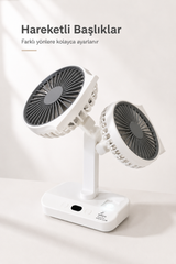 Çok Yönlü Taşınabilir Vantilatör – Çift Başlıklı, Asılabilir ve LED Işıklı Mini Fan