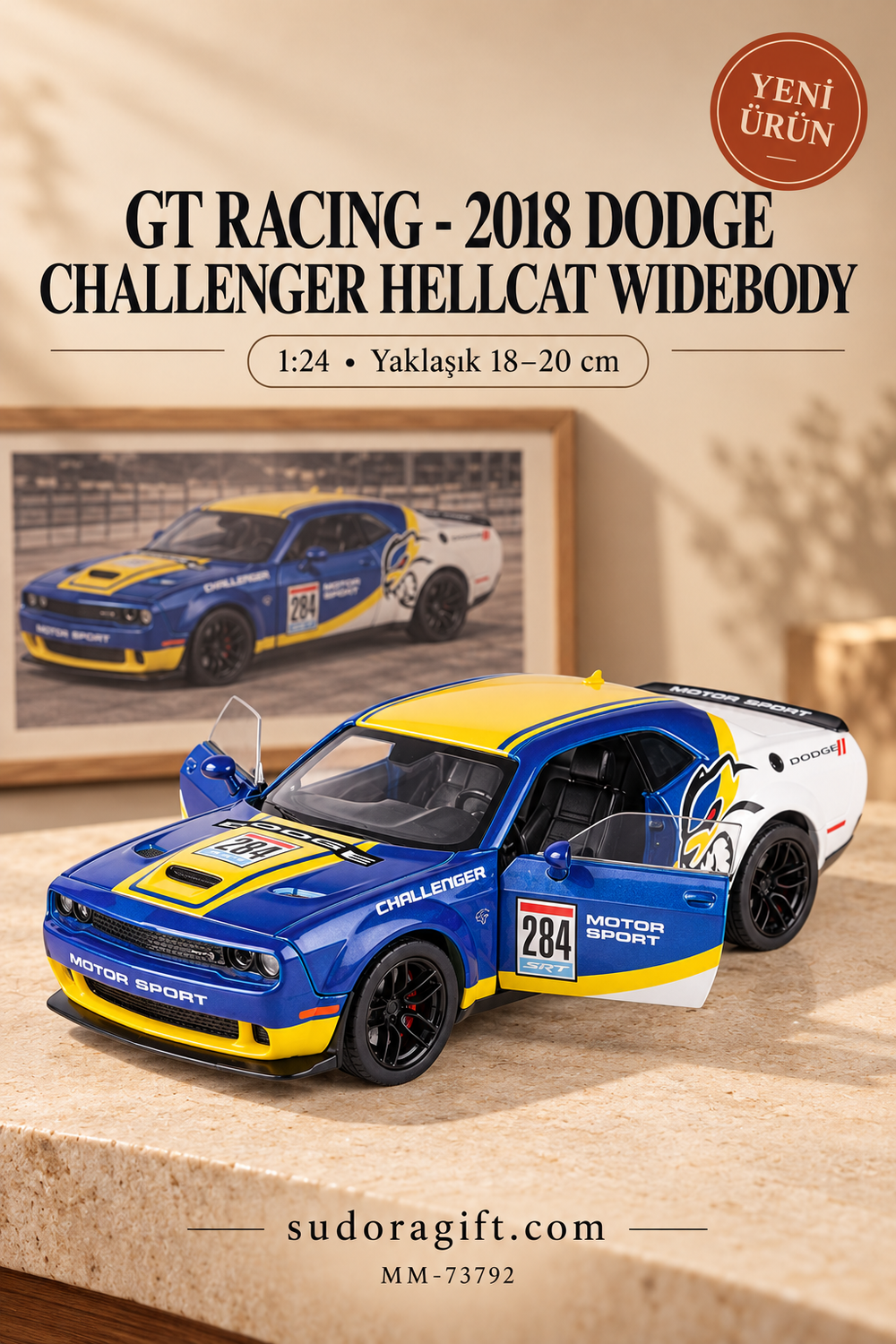 Motormax GT Racing 2018 Dodge Challenger Hellcat Widebody 1:24 Metal Model Araba – MM-73792 – Kapıları açık