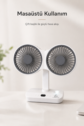 Çok Yönlü Taşınabilir Vantilatör – Çift Başlıklı, Asılabilir ve LED Işıklı Mini Fan