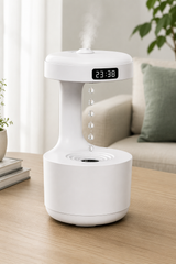 Dijital Saatli Anti-Gravity Hava Nemlendirici 600 ml – Işıklı Su Damlası Efektli Mini Humidifier