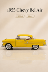 1955 Chevy Bel Air Sarı 1:18 Ölçek Diecast Model Araba – 29 cm Çıkarılabilir Tavanlı Koleksiyonluk Klasik Araç