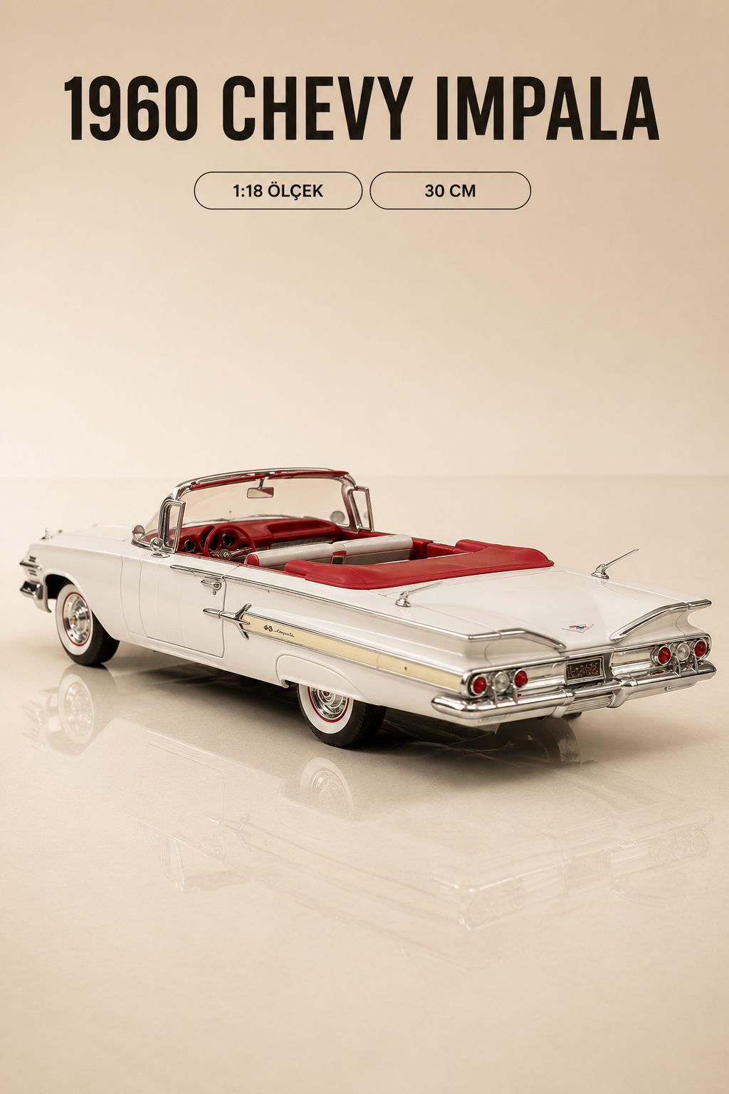 1960 Chevrolet Impala Beyaz Cabrio 1:18 Ölçek 30 cm Model Araba