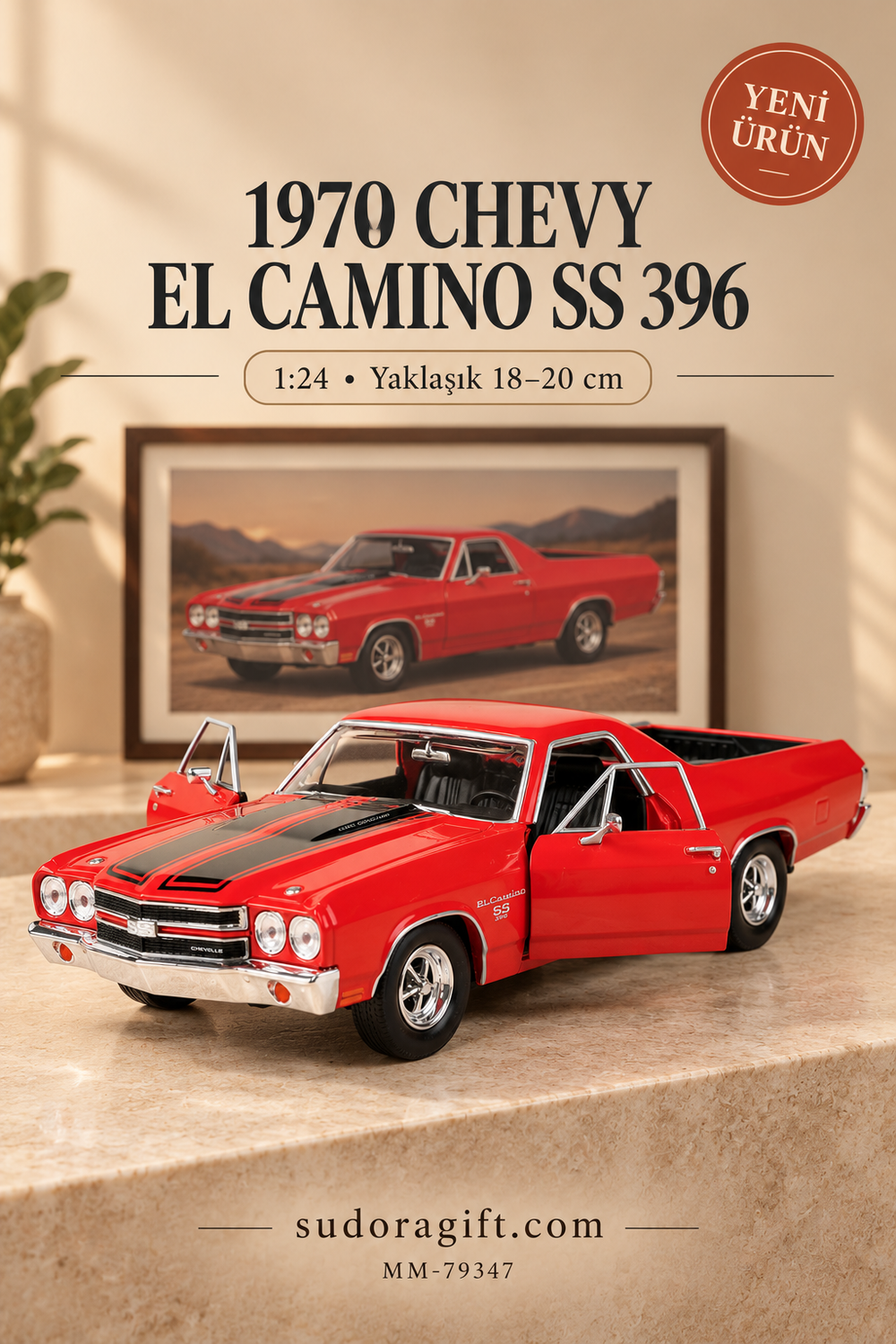 Motormax 1970 Chevrolet El Camino SS 396 1:24 Metal Model Araba – MM-79347 – Kapıları açık