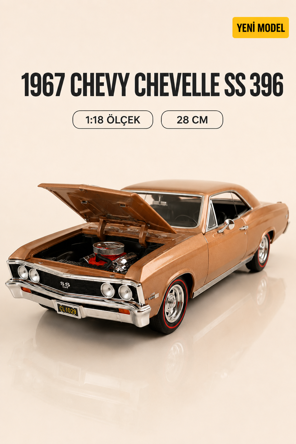 1967 Chevy Chevelle SS 396 1:18 Ölçek Metal Model Araba – 28 CM Koleksiyonluk Die-Cast