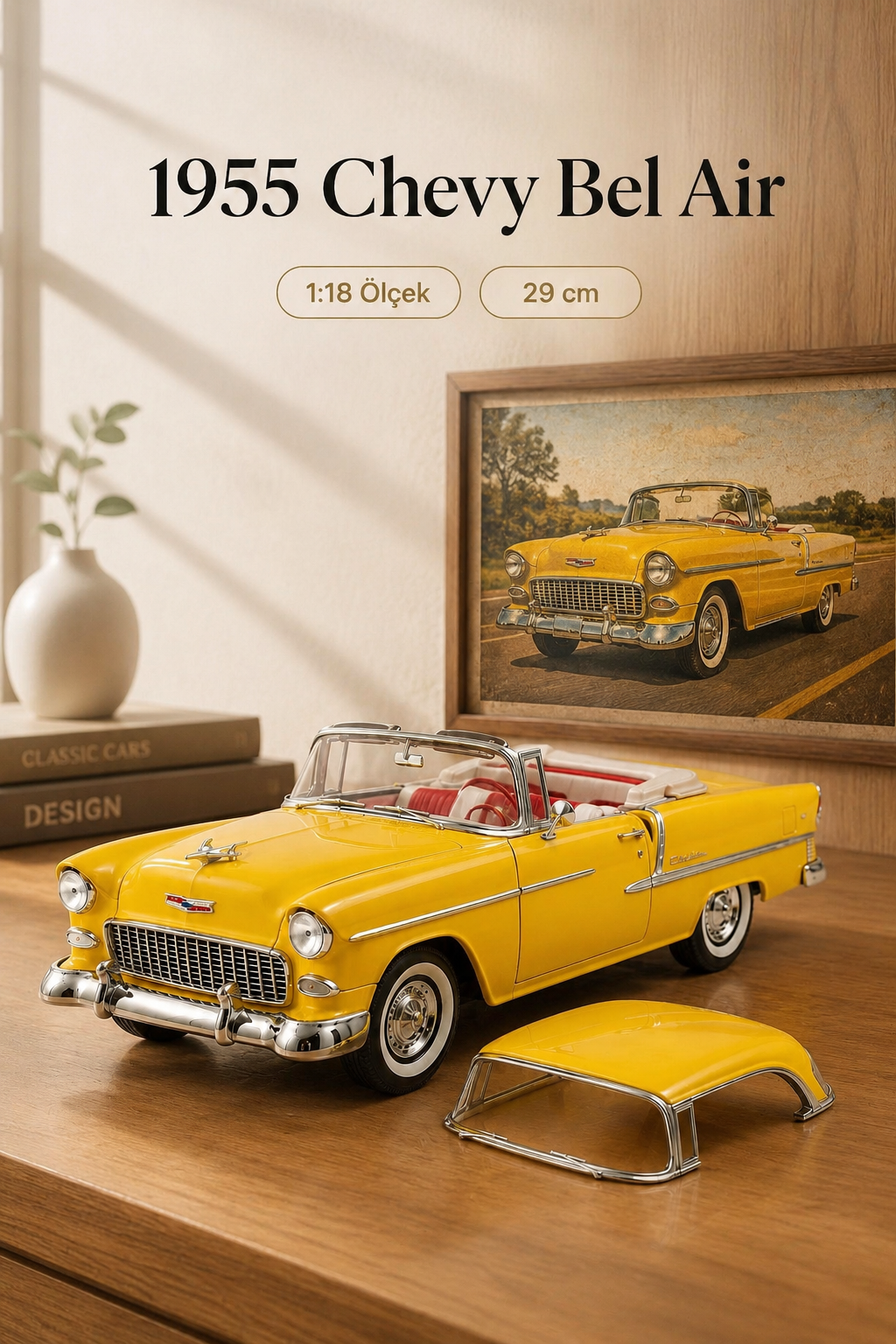 1955 Chevy Bel Air Sarı 1:18 Ölçek Diecast Model Araba – 29 cm Çıkarılabilir Tavanlı Koleksiyonluk Klasik Araç