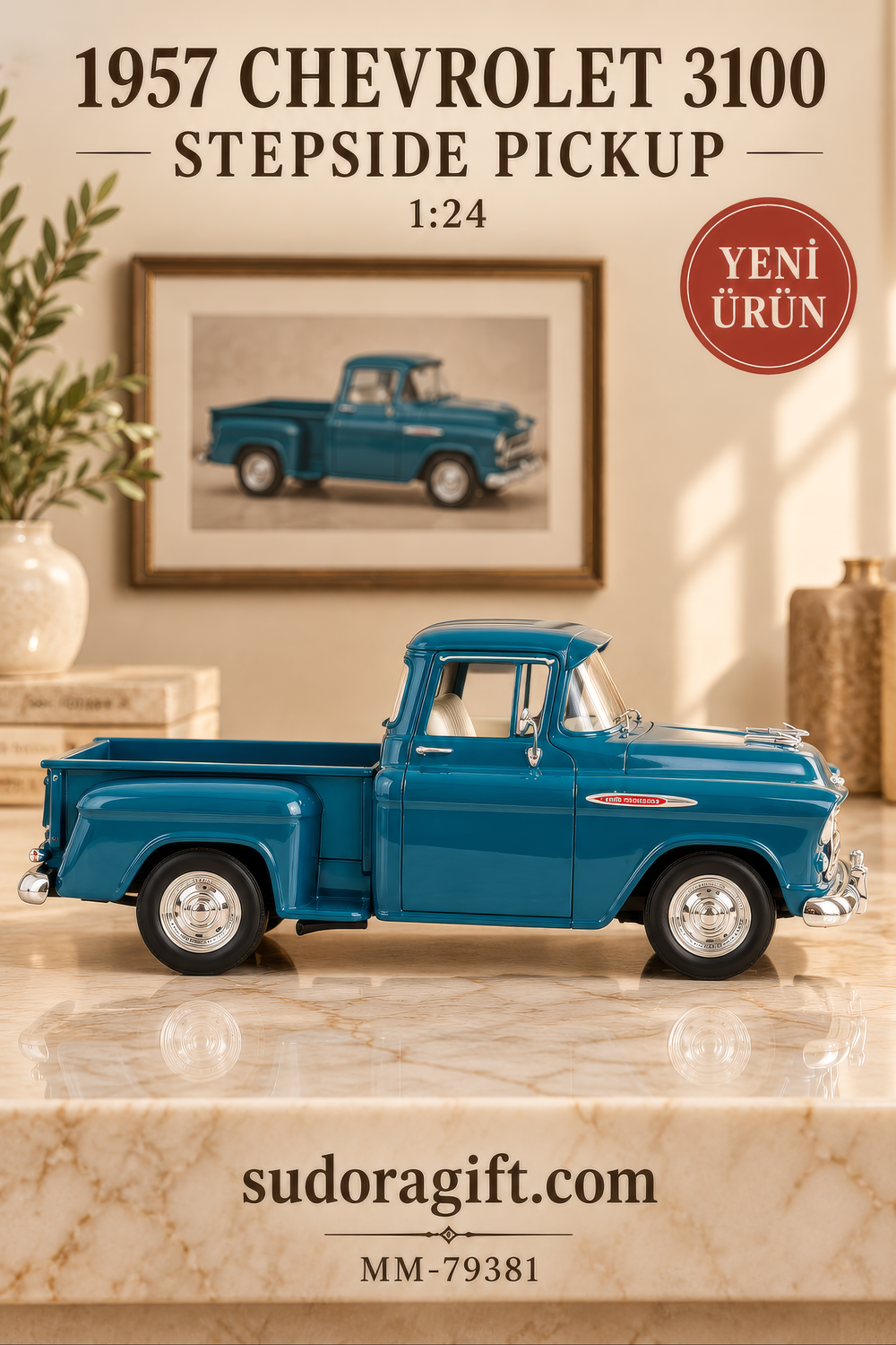 Motormax 1957 Chevrolet 3100 Stepside Pickup 1:24 Metal Model Araba – MM-79381 – Sag Gorunum
