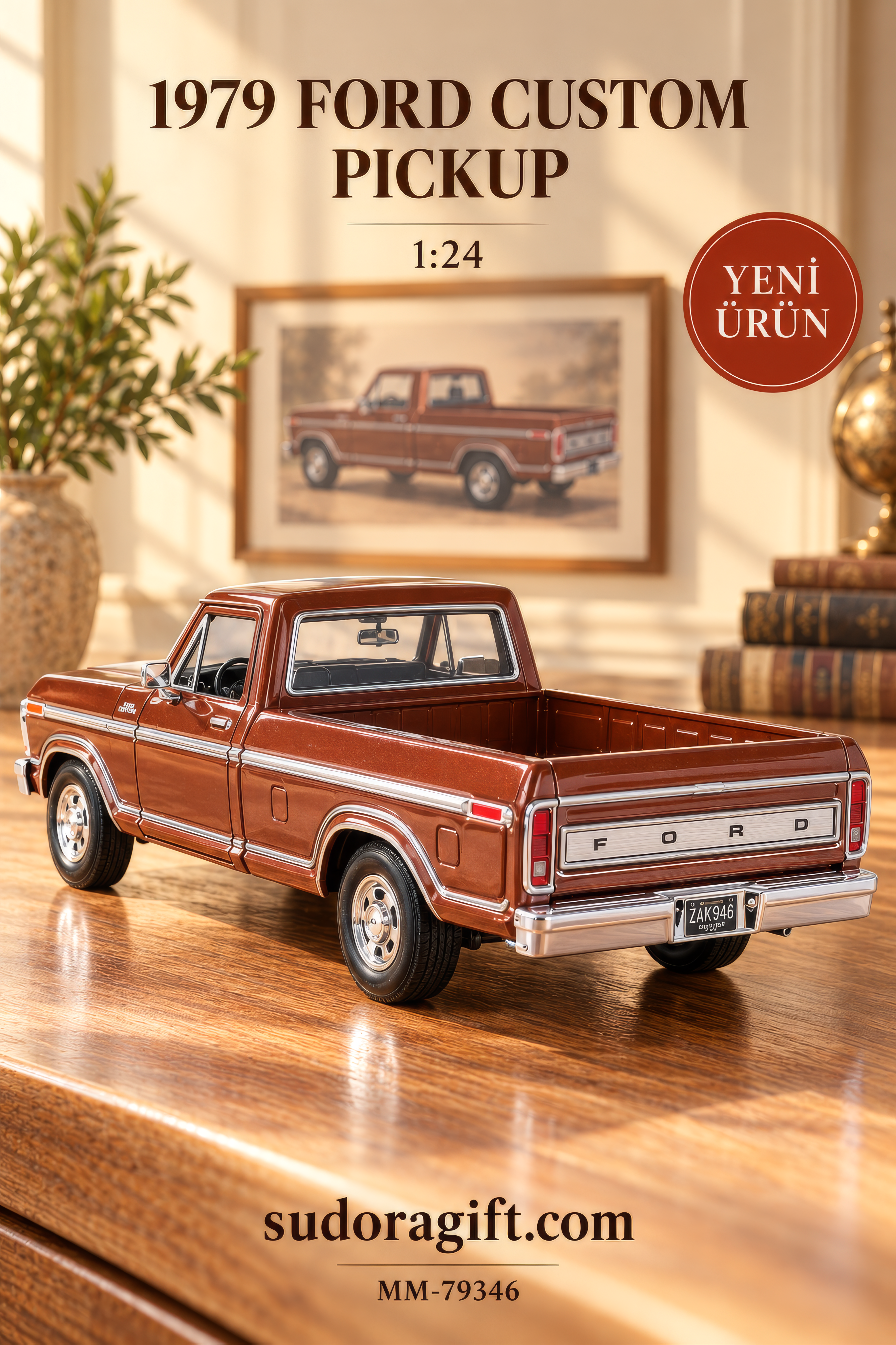 Motormax 1979 Ford Custom Pickup 1:24 Metal Model Araba – MM-79346 – Arka Gorunum