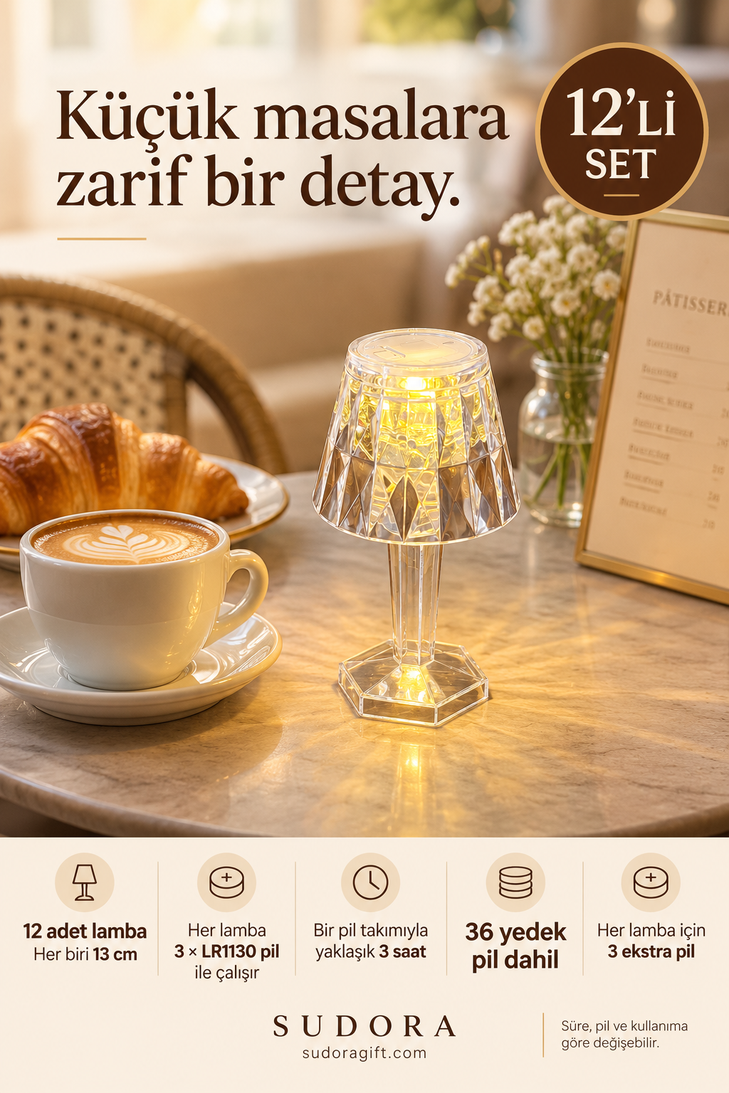 Sudora 12’li Mini LED Masa Lambası Seti 13 cm Pilli Kafe Restoran Dekoru + Yedek Pilli