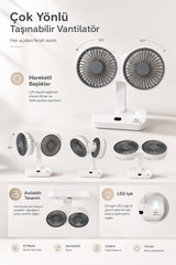 Çok Yönlü Taşınabilir Vantilatör – Çift Başlıklı, Asılabilir ve LED Işıklı Mini Fan