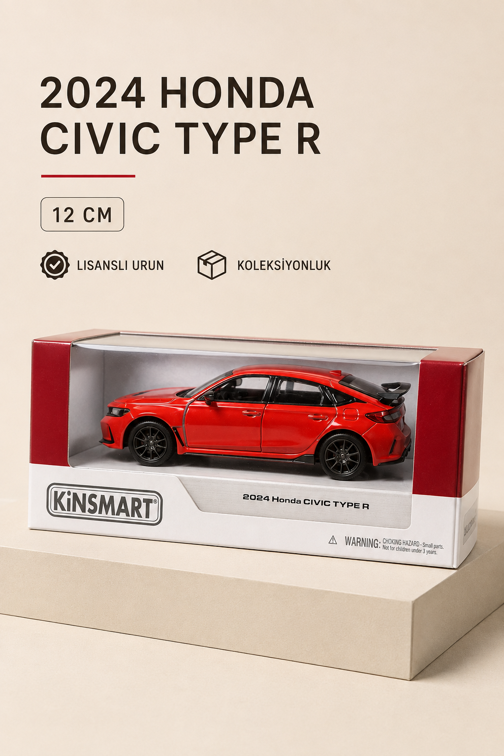 2024 Honda Civic Type R 12 cm Lisanslı Kutulu Metal Model Araba - Kırmızı