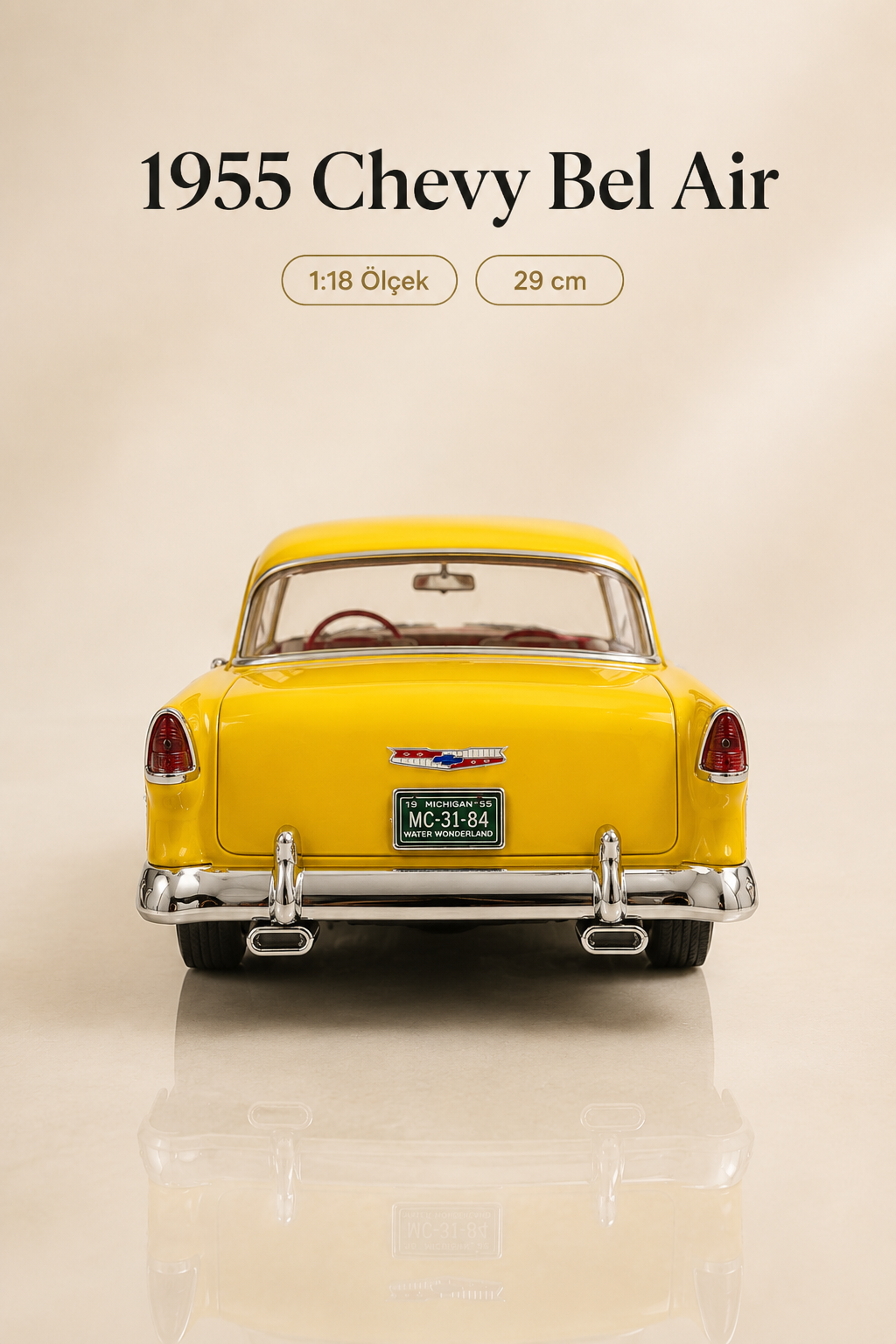 1955 Chevy Bel Air Sarı 1:18 Ölçek Diecast Model Araba – 29 cm Çıkarılabilir Tavanlı Koleksiyonluk Klasik Araç