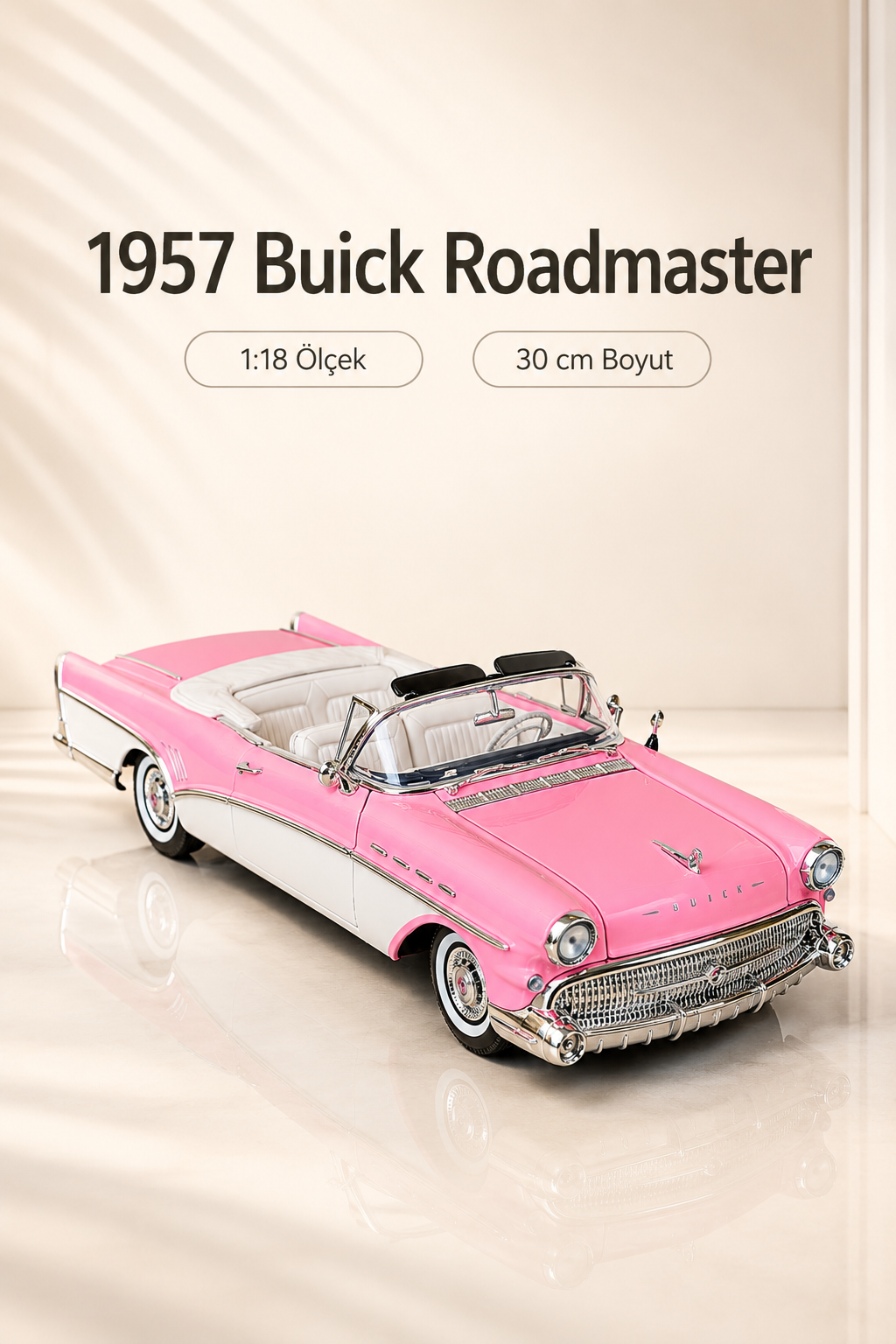 1957 Buick Roadmaster Pembe Beyaz Cabrio 1:18 Ölçek 30 cm Model Araba