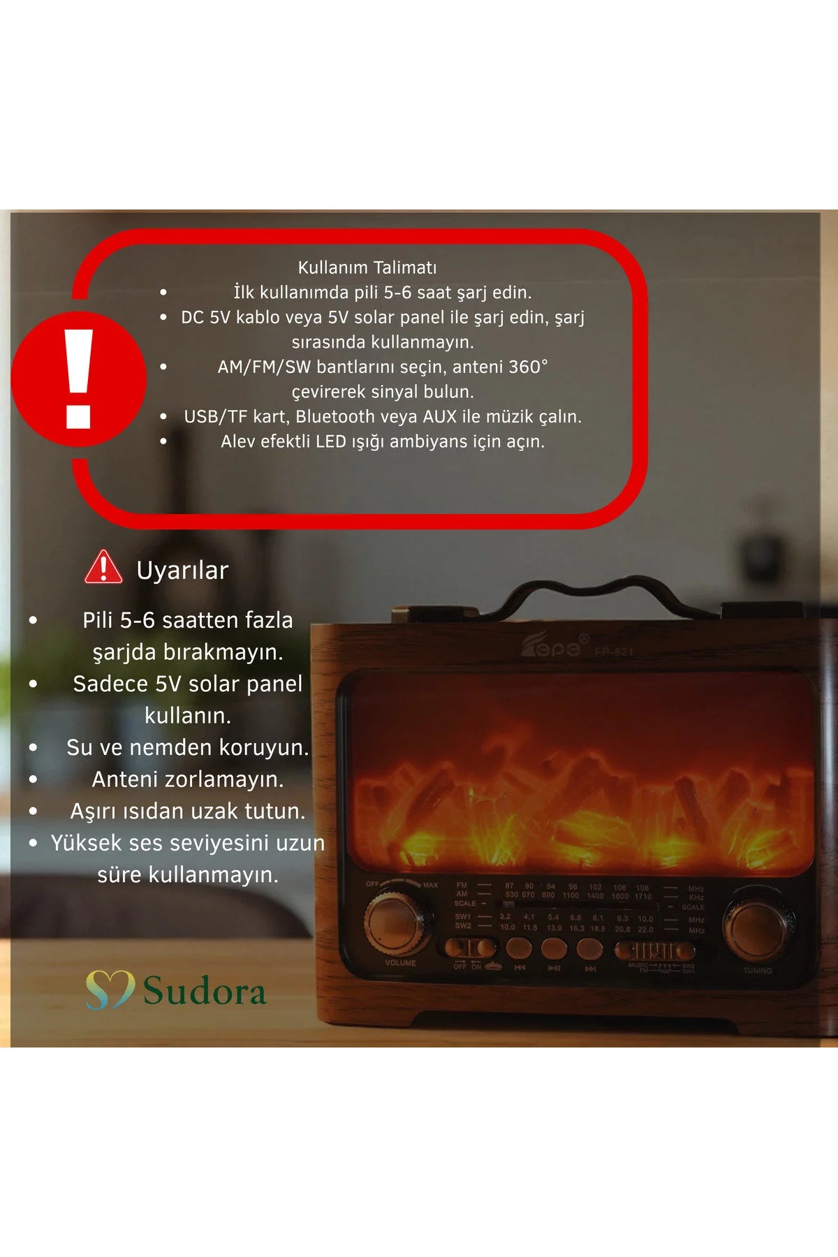 FP-821 Şömine Görünümlü FM Radyo & Bluetooth Hoparlör