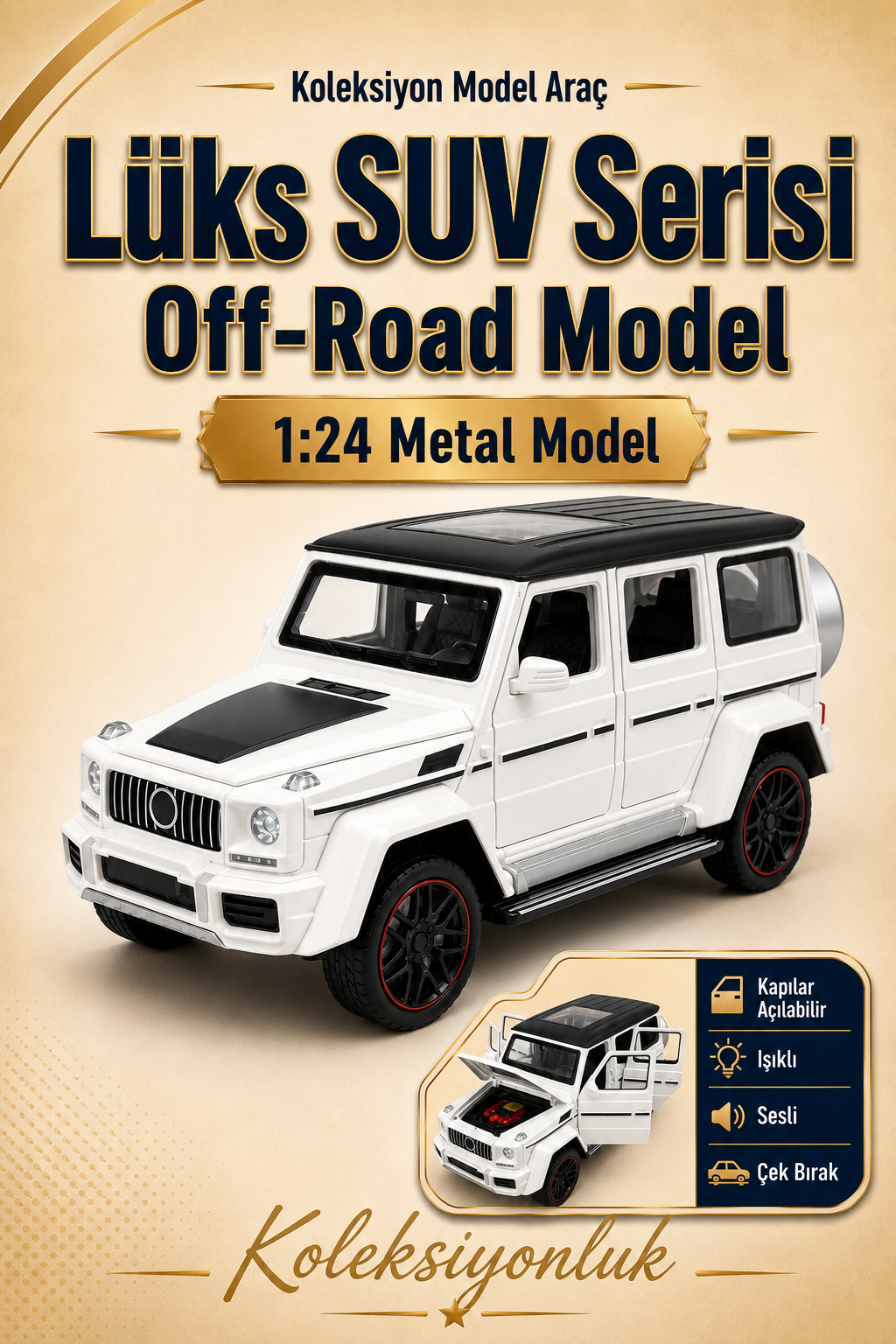 Lüks SUV Serisi - Off Road Model 1:24 Işıklı Çek-Bırak - Beyaz