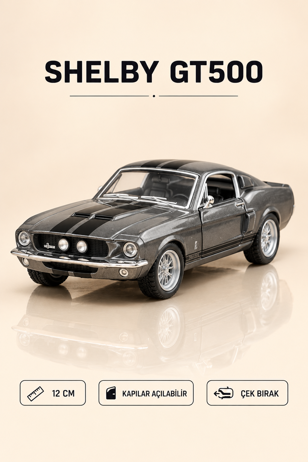 Shelby GT500 12 cm Çek Bırak Metal Model Araba - Gri Siyah Şeritli