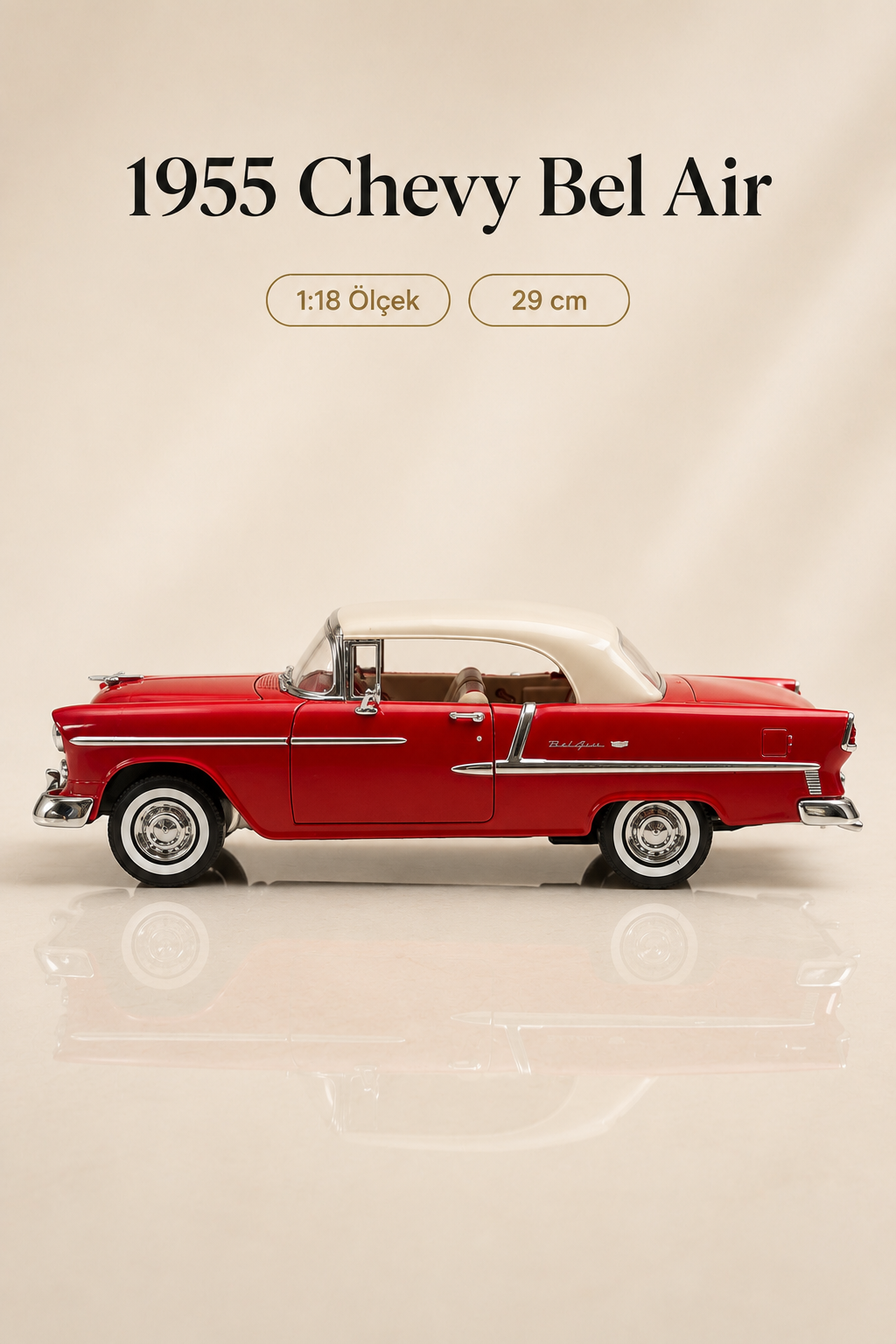 1955 Chevy Bel Air Kırmızı 1:18 Ölçek Diecast Model Araba – 29 cm Çıkarılabilir Tavanlı Koleksiyonluk Klasik Araç