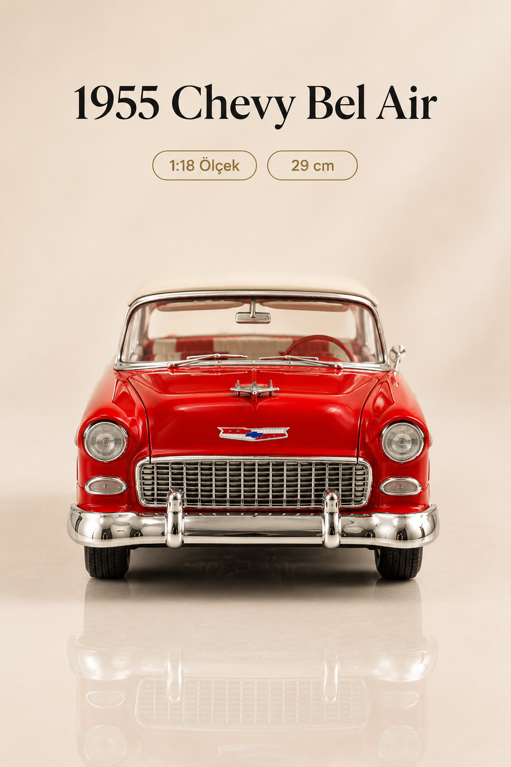 1955 Chevy Bel Air Kırmızı 1:18 Ölçek Diecast Model Araba – 29 cm Çıkarılabilir Tavanlı Koleksiyonluk Klasik Araç