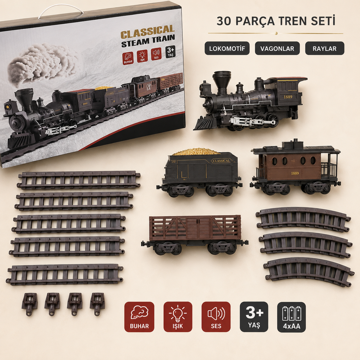 Classical Steam Train 30 Parça Buharlı Işıklı Sesli Oyuncak Tren Seti