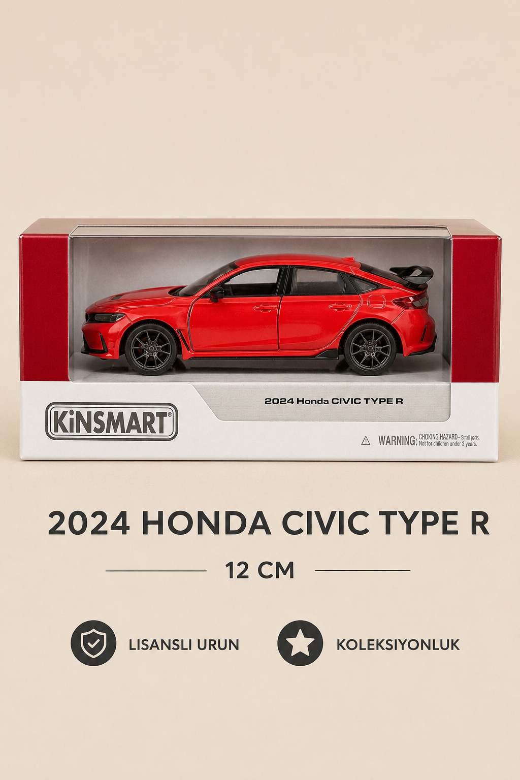 2024 Honda Civic Type R 12 cm Lisanslı Kutulu Metal Model Araba - Kırmızı