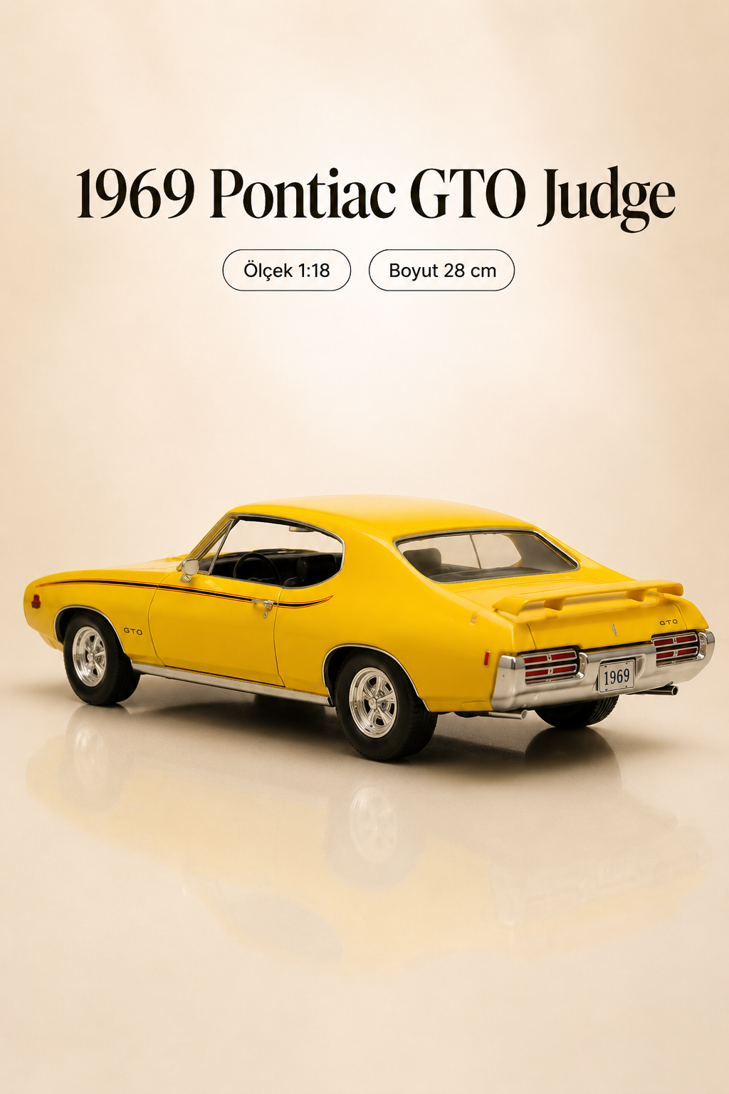 1969 Pontiac GTO Judge Sarı 1:18 Ölçek 28 cm Koleksiyonluk Model Araba