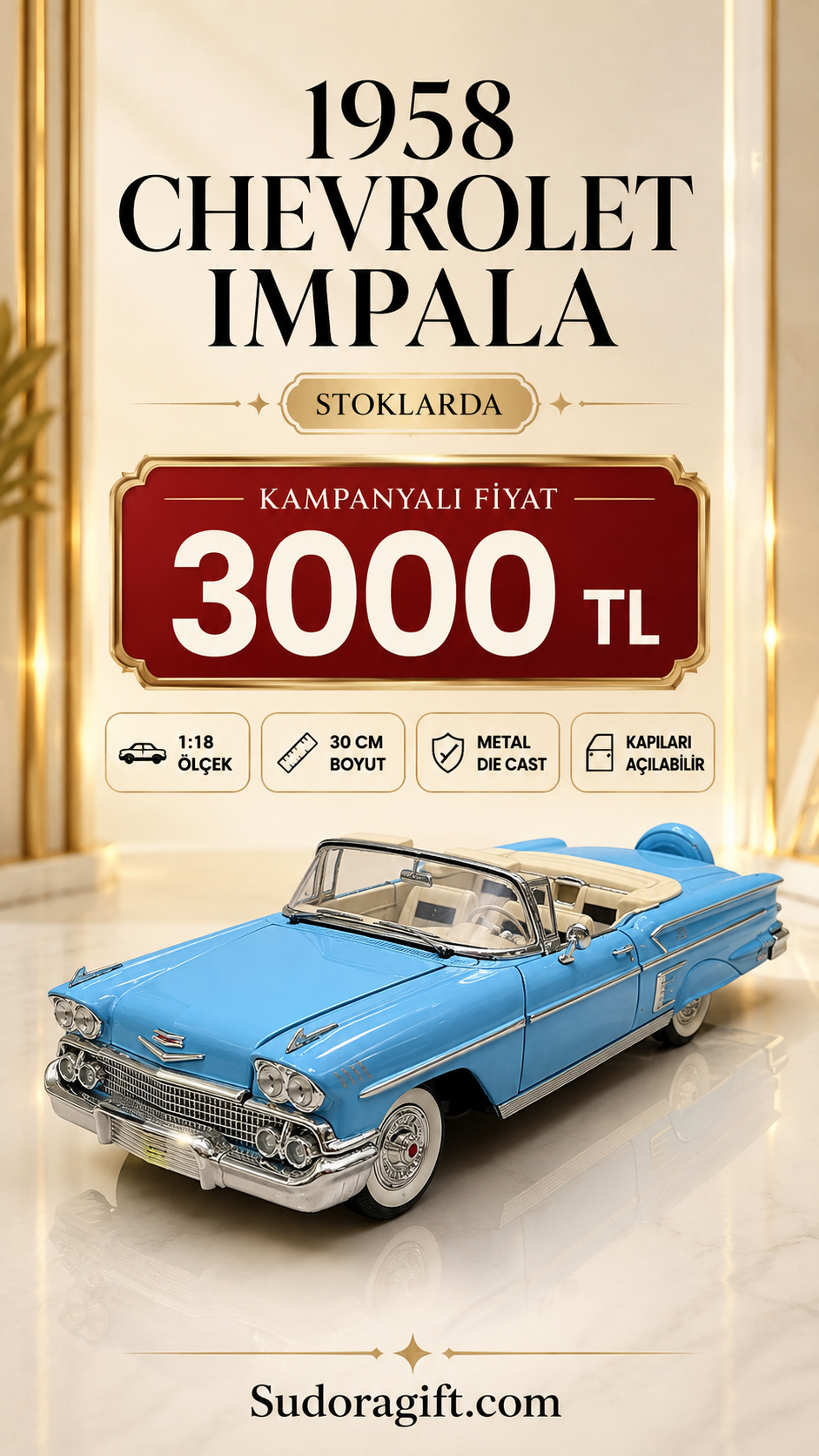 1958 Chevrolet Impala Mavi Cabrio 1:18 Ölçek 30 cm Model Araba