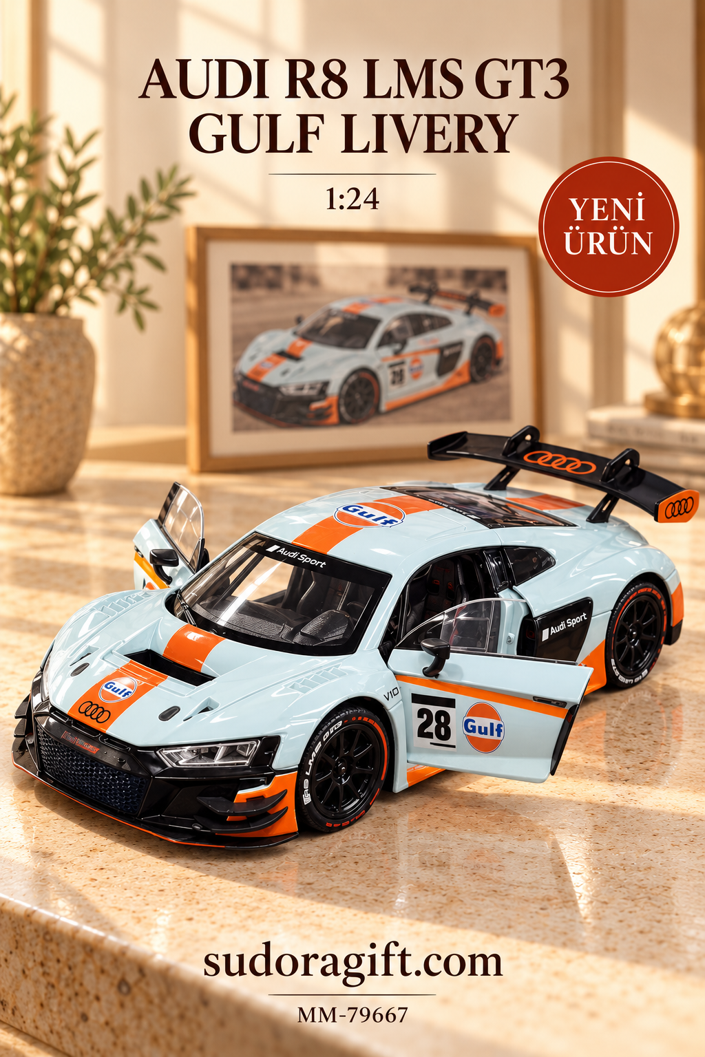 Motormax Gulf Audi R8 LMS GT3 1:24 Metal Model Araba – MM-79667 – Kapilari Acik
