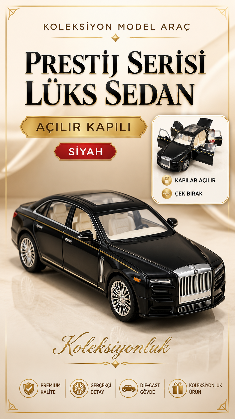 Prestij Serisi - Klasik Sedan 1:24 Metal Işıklı Çek-Bırak Araba - Siyah