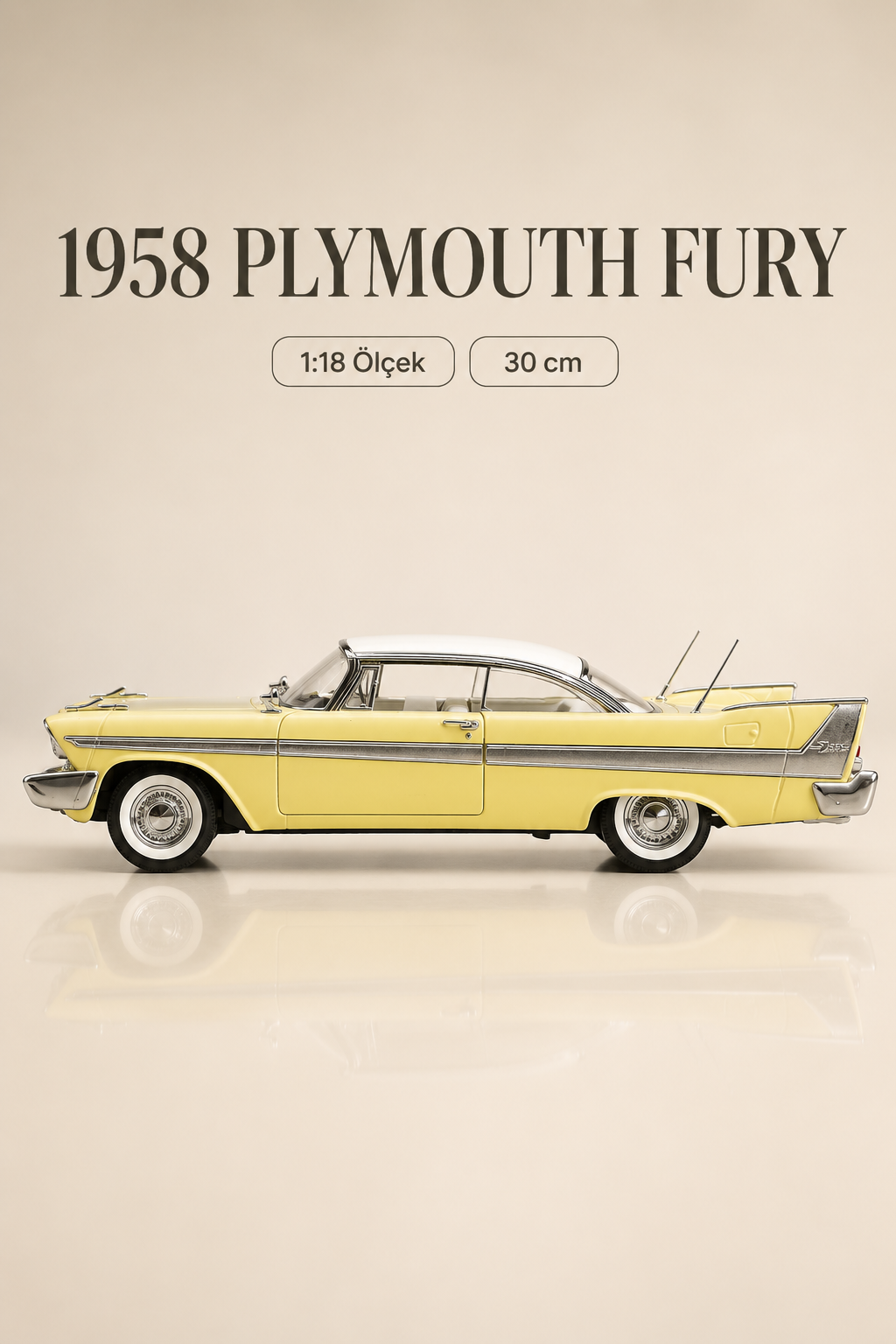 1958 Plymouth Fury Sarı Beyaz 1:18 Ölçek 30 cm Koleksiyonluk Model Araba