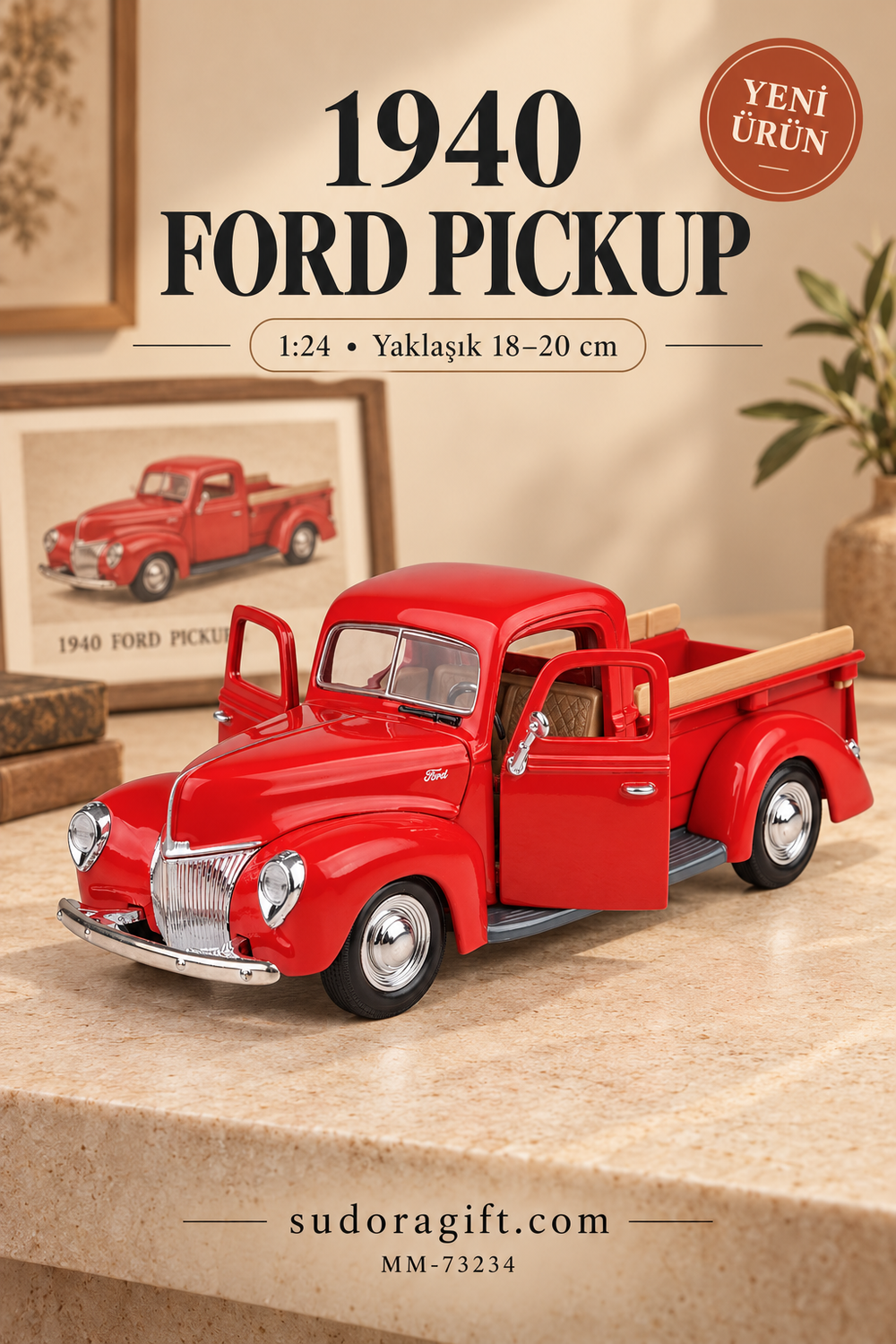 Motormax 1940 Ford Pickup 1:24 Metal Model Araba – MM-73234 – Kapıları açık