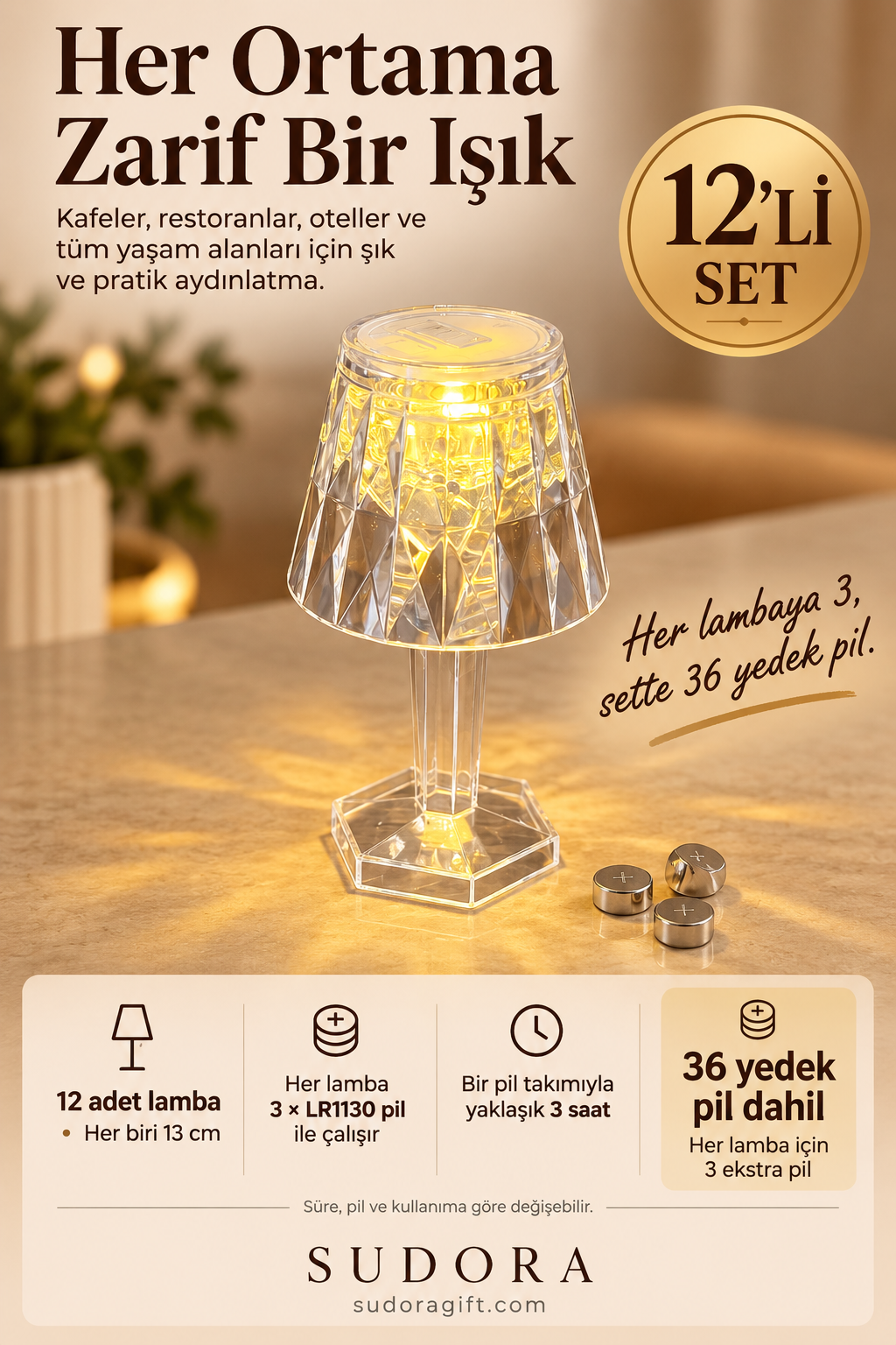 Sudora 12’li Mini LED Masa Lambası Seti 13 cm Pilli Kafe Restoran Dekoru + Yedek Pilli