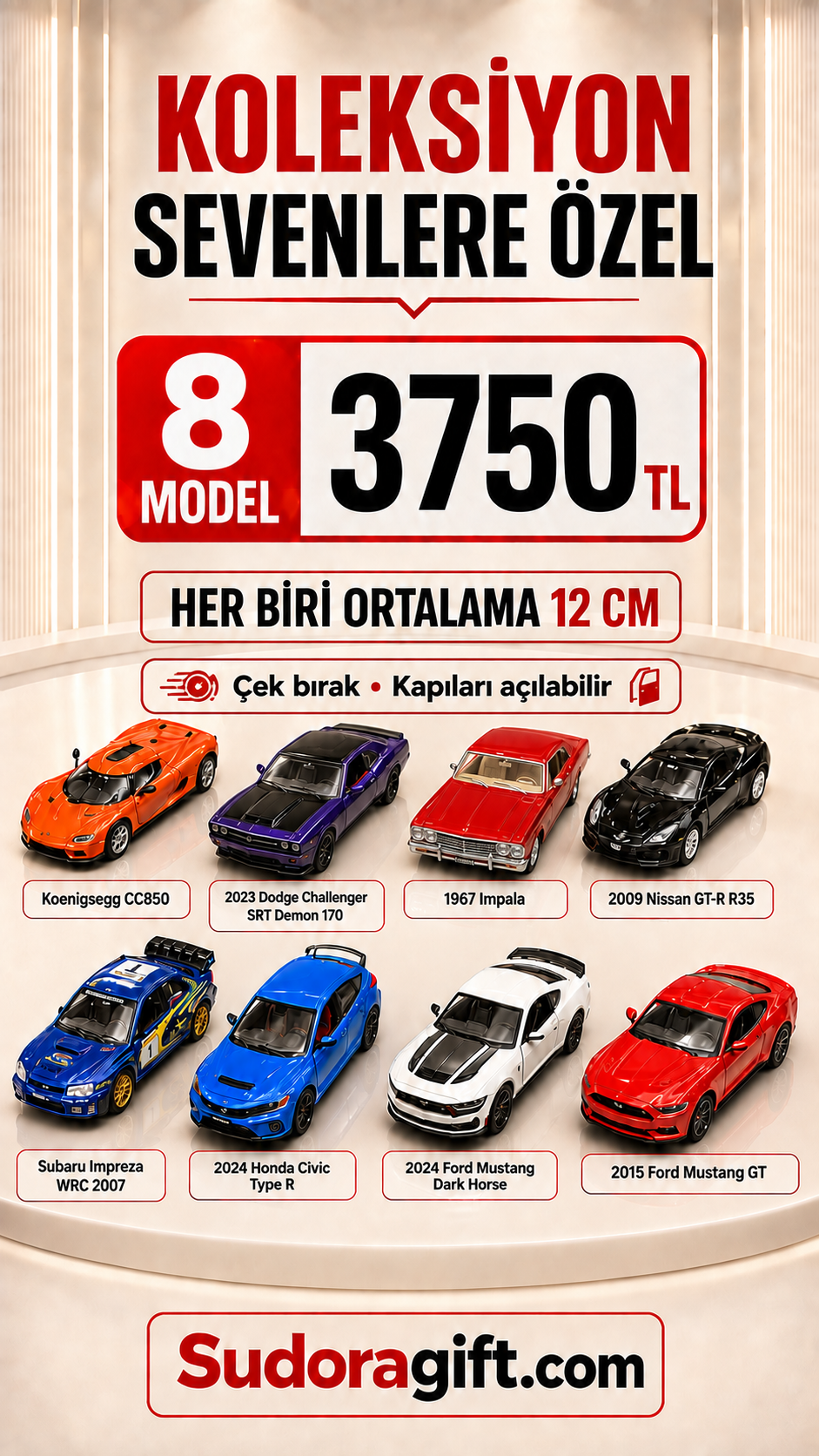 Die-Cast Koleksiyonluk Araba Seti - 8 Model Tek Pakette