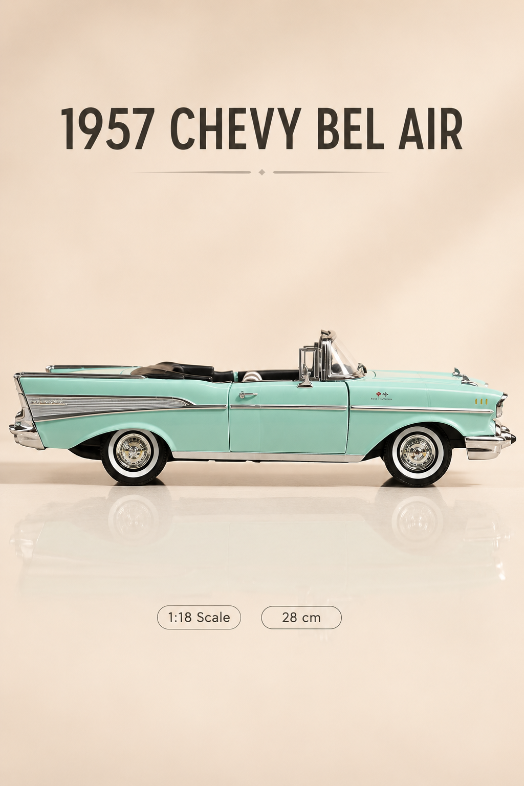 1957 Chevrolet Bel Air Mint Yeşili Cabrio 1:18 Ölçek 28 cm Model Araba