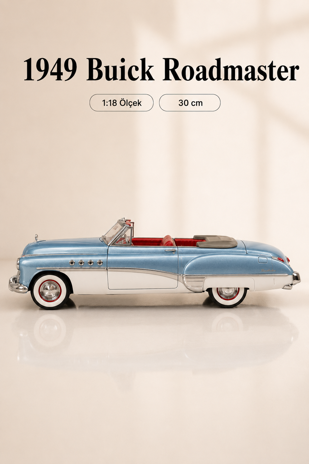 1949 Buick Roadmaster Mavi Beyaz Cabrio 1:18 Ölçek 30 cm Model Araba