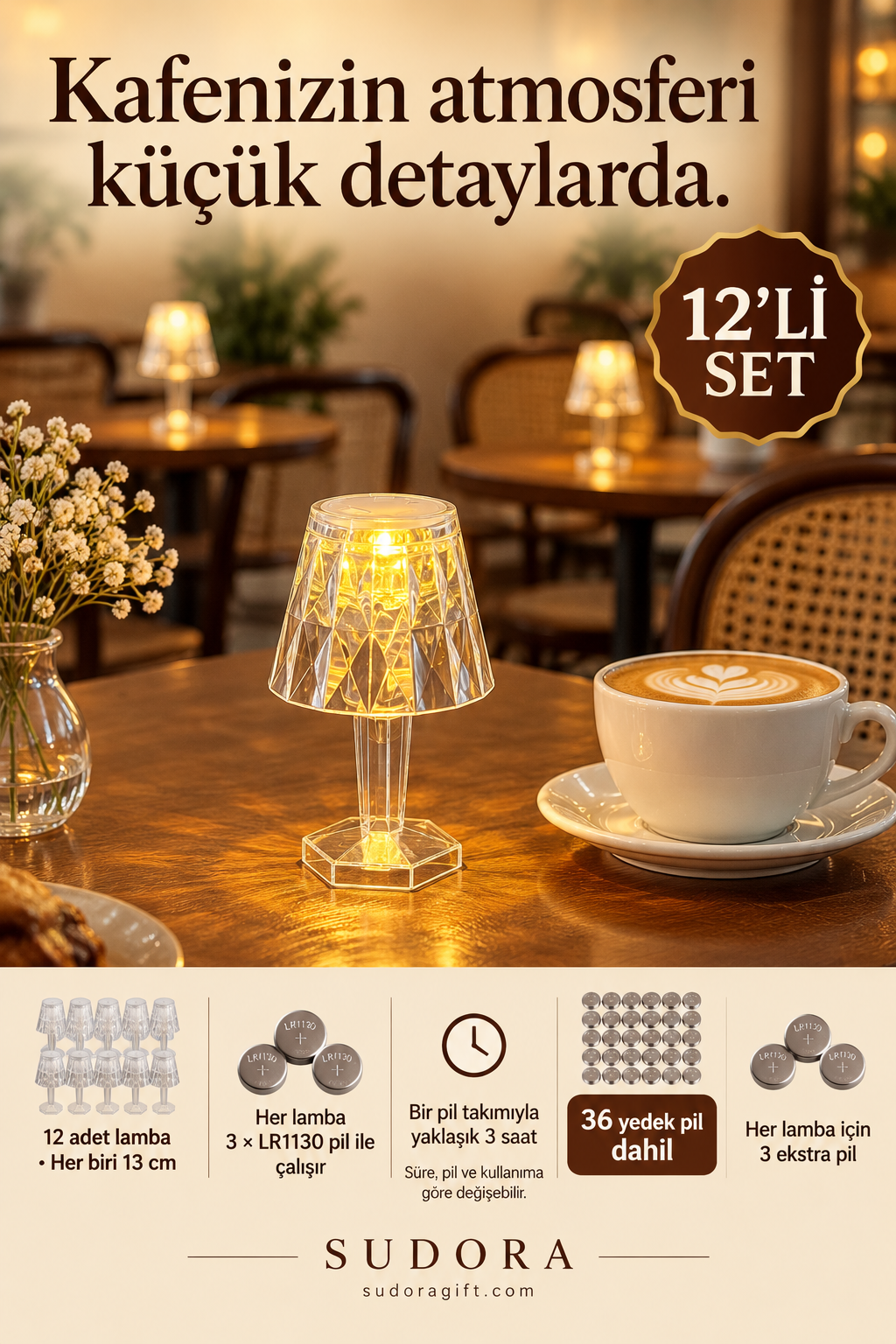 Sudora 12’li Mini LED Masa Lambası Seti 13 cm Pilli Kafe Restoran Dekoru + Yedek Pilli