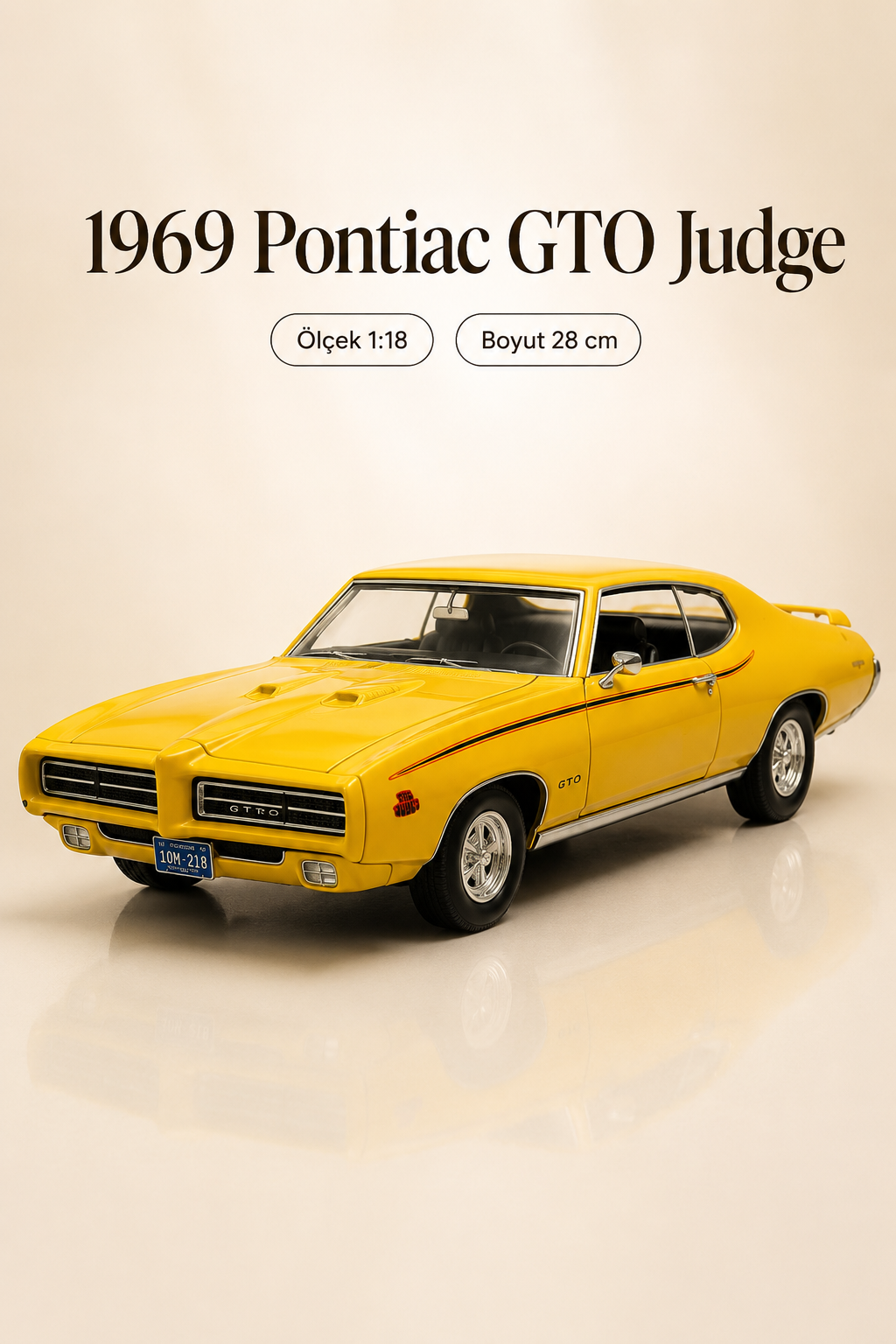 1969 Pontiac GTO Judge Sarı 1:18 Ölçek 28 cm Koleksiyonluk Model Araba