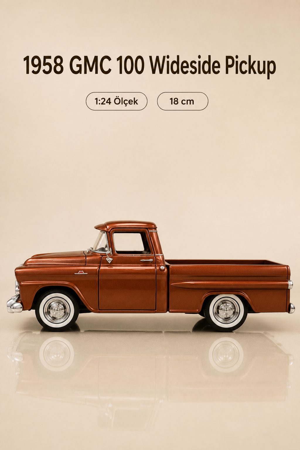 1958 GMC 100 Wideside Pickup Bakır Kahverengi 1:24 Ölçek 18 cm Model Araba