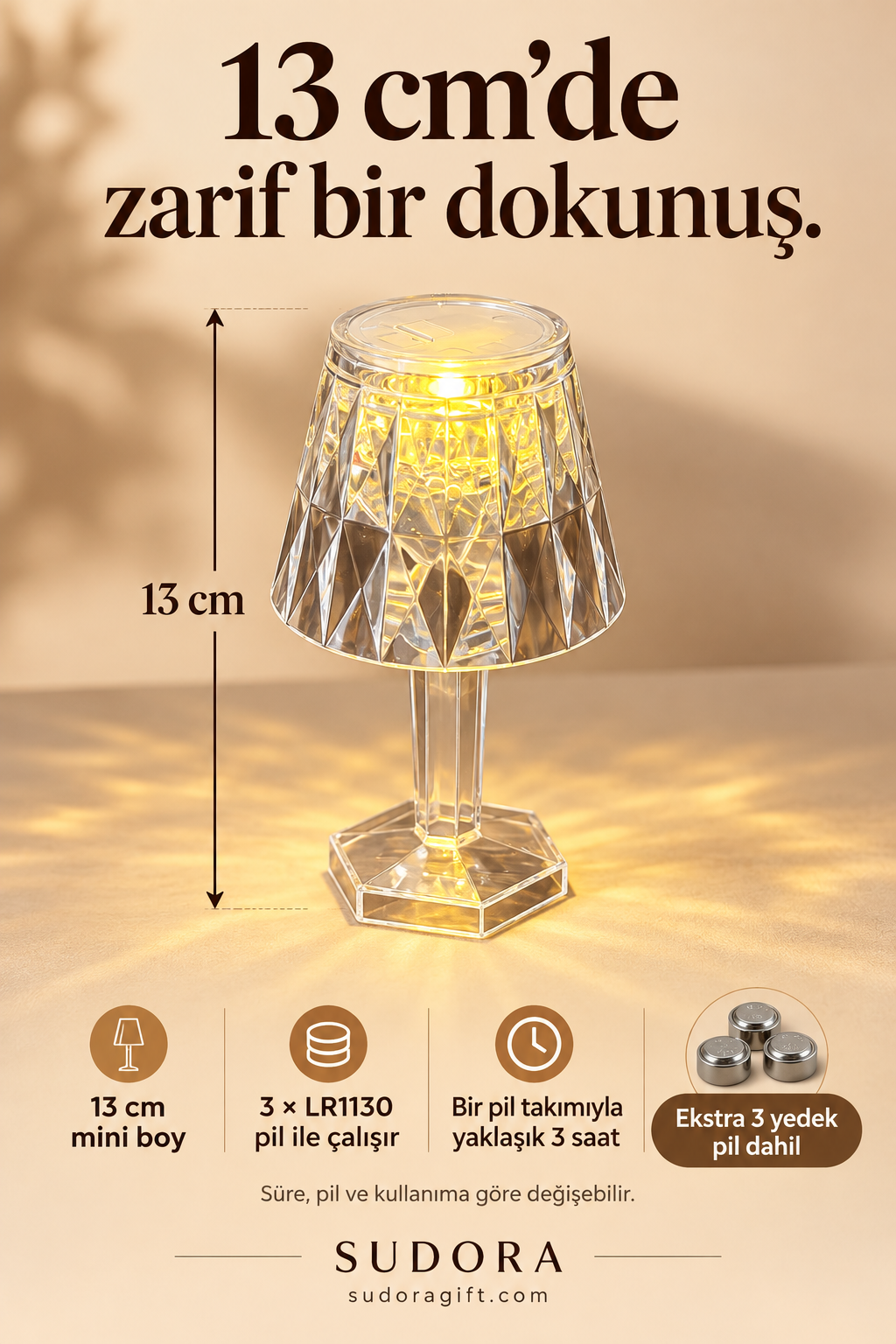 Mini LED Masa Lambası Kristal Görünümlü Pilli Dekoratif Abajur 13 cm + 3 Yedek Pil