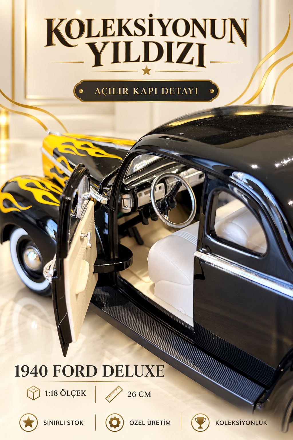 1940 Ford Deluxe Alev Desenli 1:18 Özel Üretim Model Araba | 26 cm