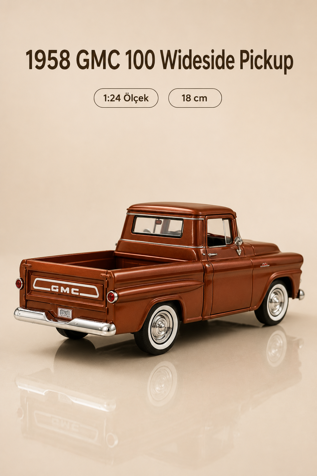 1958 GMC 100 Wideside Pickup Bakır Kahverengi 1:24 Ölçek 18 cm Model Araba