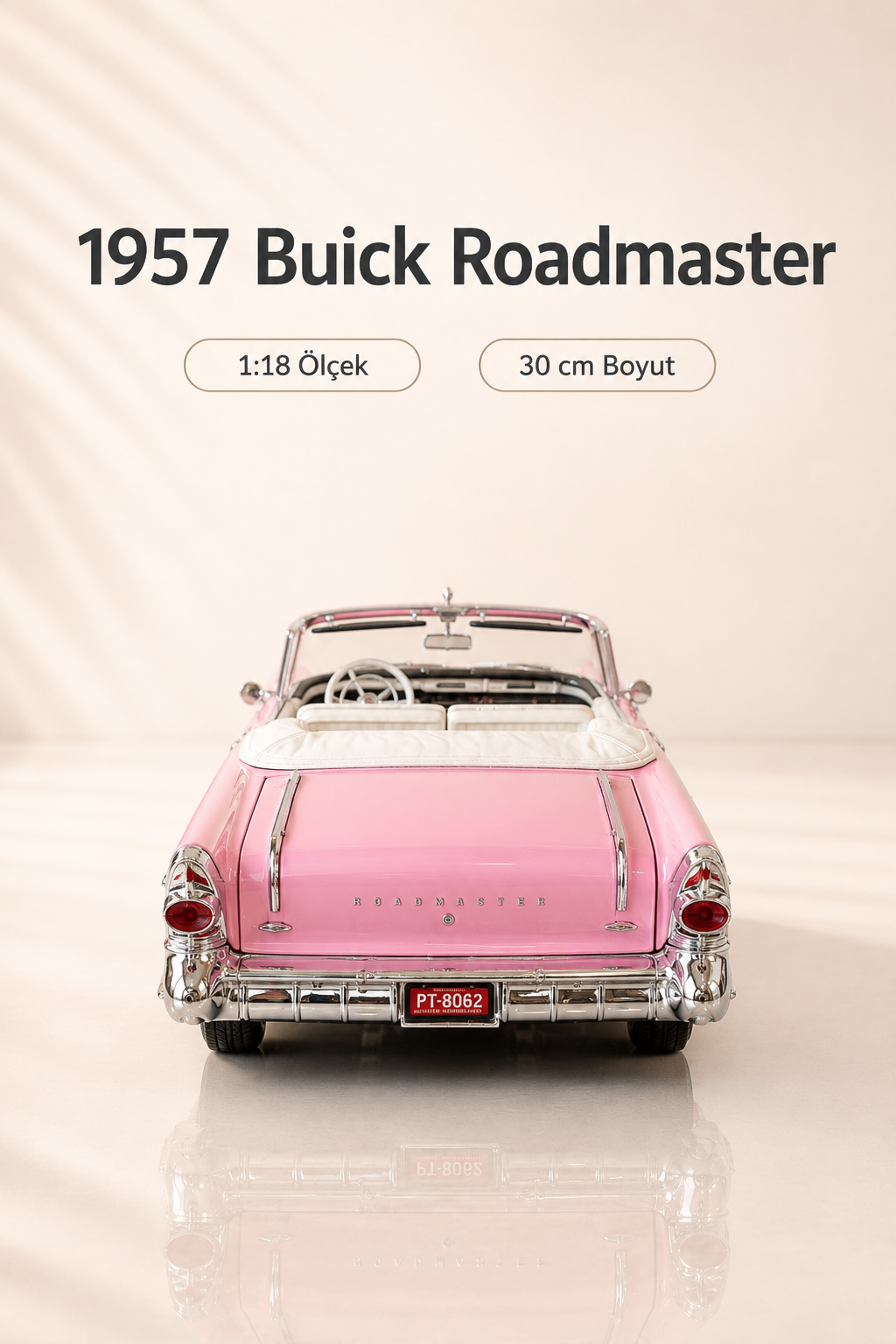 1957 Buick Roadmaster Pembe Beyaz Cabrio 1:18 Ölçek 30 cm Model Araba