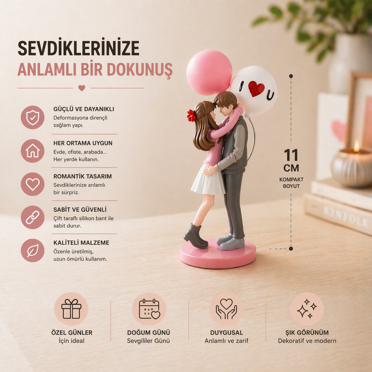 Sevgiliye Hediye Araç İçi Aksesuarı – Balon Tutan Çift Romantik Dekor - 11 cm